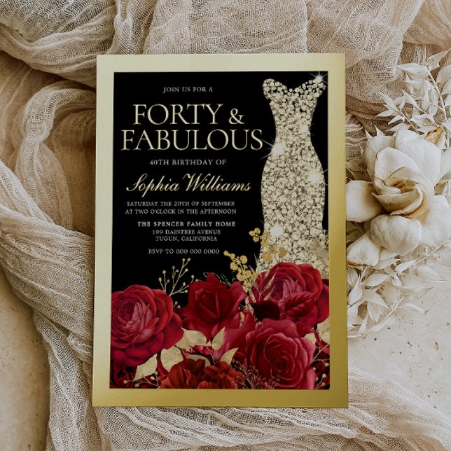 Invitación Con Relieve Metalizado Silver Dress, Red Roses & Black 40th Birthday Gold (Subido por el creador)