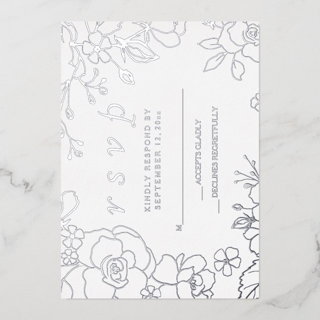 Invitación Con Relieve Metalizado Silver Floral Elegant Wedding RSVP (Anverso)