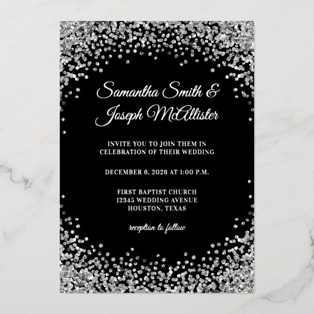 Invitación Con Relieve Metalizado Silver Glitter Border Black Wedding (Anverso)