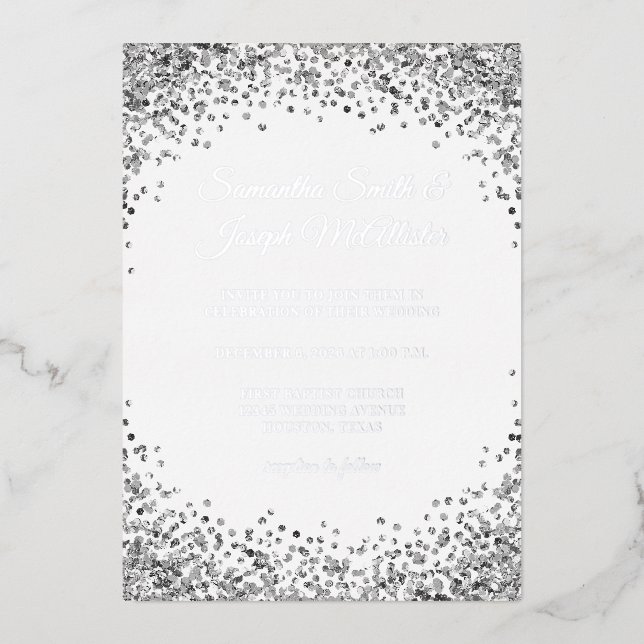 Invitación Con Relieve Metalizado Silver Glitter Border Black Wedding (Anverso)