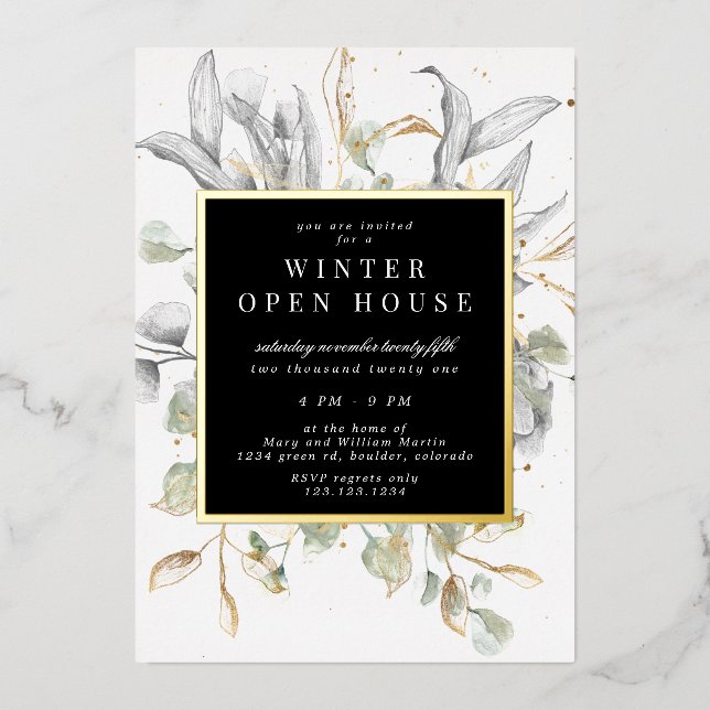 Invitación Con Relieve Metalizado Silver Gold Floral Elegant Square Open House (Anverso)