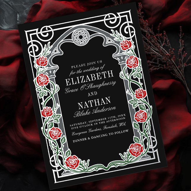 Invitación Con Relieve Metalizado Silver Gothic Roses Cathedral Frame Wedding  (Subido por el creador)
