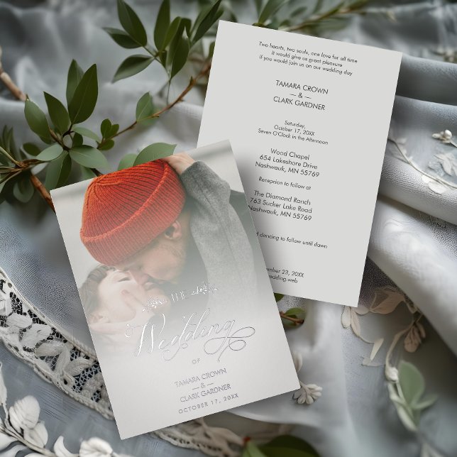 Invitación Con Relieve Metalizado Silver Luxury Modern Transparency Wedding Photo (Silver Luxury Modern Transparency Wedding Custom Photo Script Real Metallic Foil Save the Date Cards)