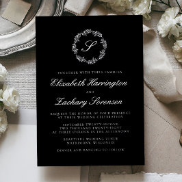 Invitación Con Relieve Metalizado Silver Monogram Wreath Script Black Wedding