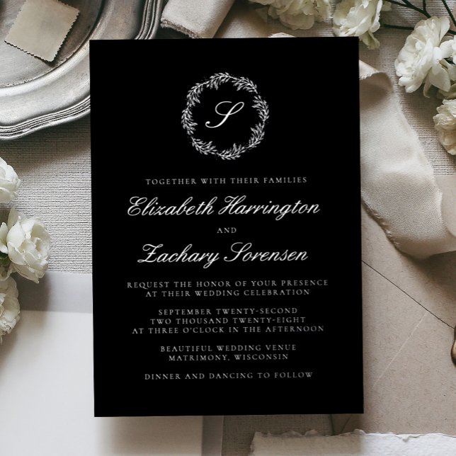 Invitación Con Relieve Metalizado Silver Monogram Wreath Script Black Wedding (Subido por el creador)