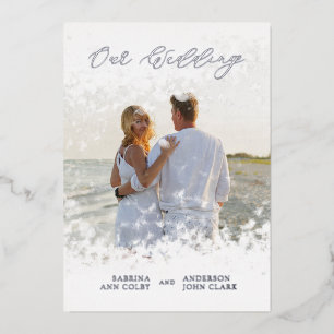 Invitación Con Relieve Metalizado Silver Photo Whimsical Our Wedding Script Real