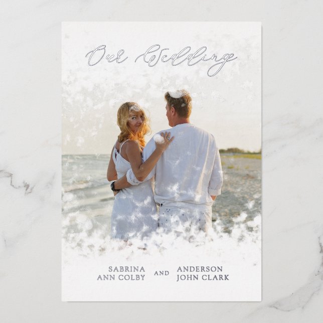 Invitación Con Relieve Metalizado Silver Photo Whimsical Our Wedding Script Real (Anverso)