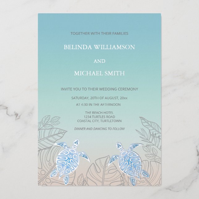 Invitación Con Relieve Metalizado Silver Sea Turtles Turquoise | Beach Wedding (Anverso)