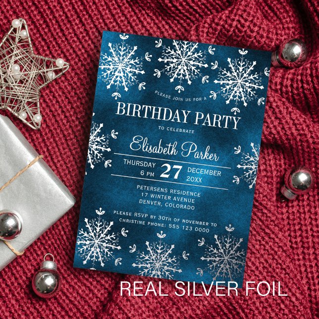 Invitación Con Relieve Metalizado Silver snowflakes winter luxury birthday party (Subido por el creador)