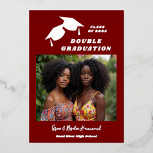 Invitación Con Relieve Metalizado Silver Two Brothers Double Graduation Dark Red
