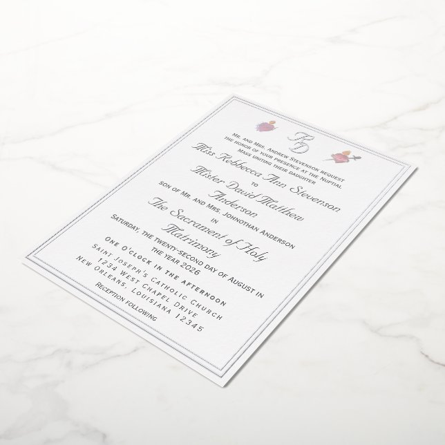 Invitación Con Relieve Metalizado Silver Two Hearts Catholic Wedding Foil Invitation (girado)