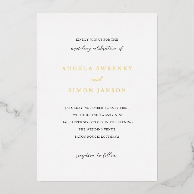 Invitación Con Relieve Metalizado Simón Simple Elegante Boda (Anverso)