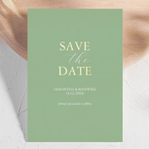 Invitación Con Relieve Metalizado Simple Ahorro de Fecha de Boda Verde Salvia con Ho