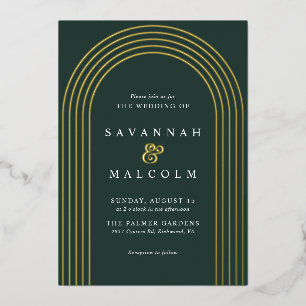 Invitación Con Relieve Metalizado Simple Arch Boda elegante verde oscuro y dorado