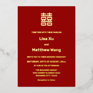 Invitación Con Relieve Metalizado Simple Boda China Roja y Dorada