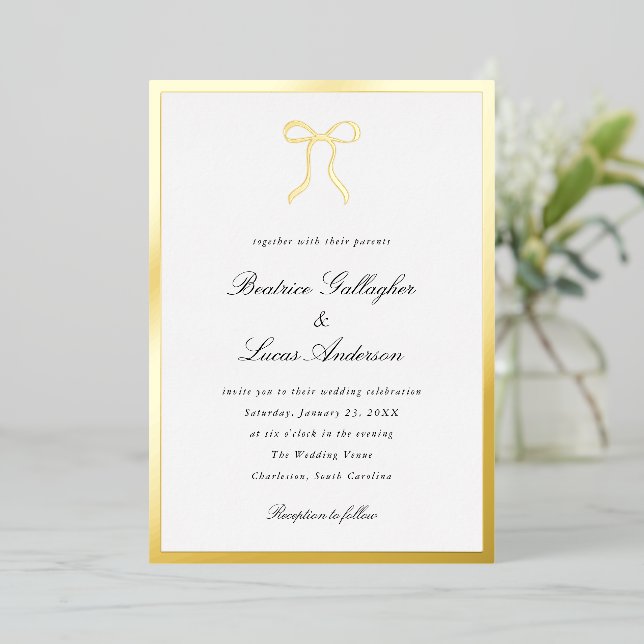 Invitación Con Relieve Metalizado Simple Bow Classic Wedding (Anverso de pie)