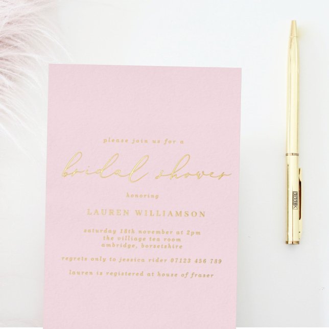 Invitación Con Relieve Metalizado Simple caligrafía de Rubor Bridal Shower Gold (Subido por el creador)