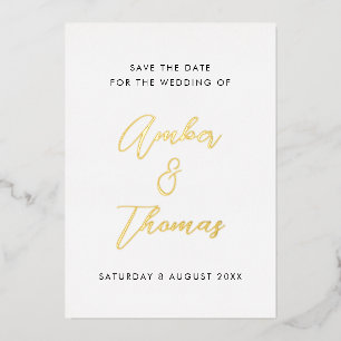 Invitación Con Relieve Metalizado Simple caligrafía moderna salva la fecha real oro