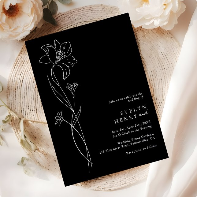 Invitación Con Relieve Metalizado Simple Chic Floral Elegant Wedding Black & Silver (Subido por el creador)