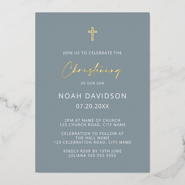 Invitación Con Relieve Metalizado Simple Christening Minimal Gray Blue & Real Gold (Anverso)
