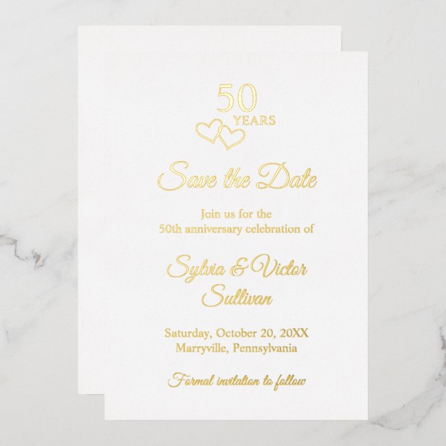 Invitación Con Relieve Metalizado Simple Elegant 50th Wedding Anniversary Gold Heart (Anverso/Reverso)