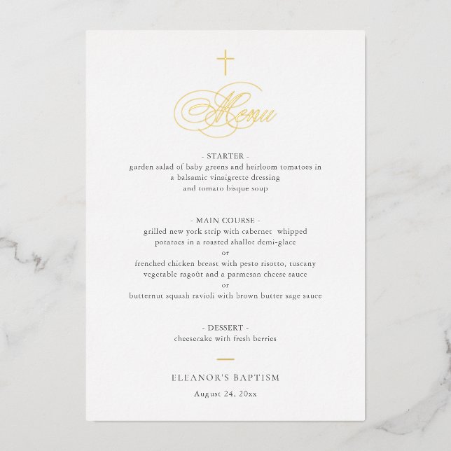 Invitación Con Relieve Metalizado Simple Elegant Gold Cross Calligraphy Baptism Menu (Anverso)