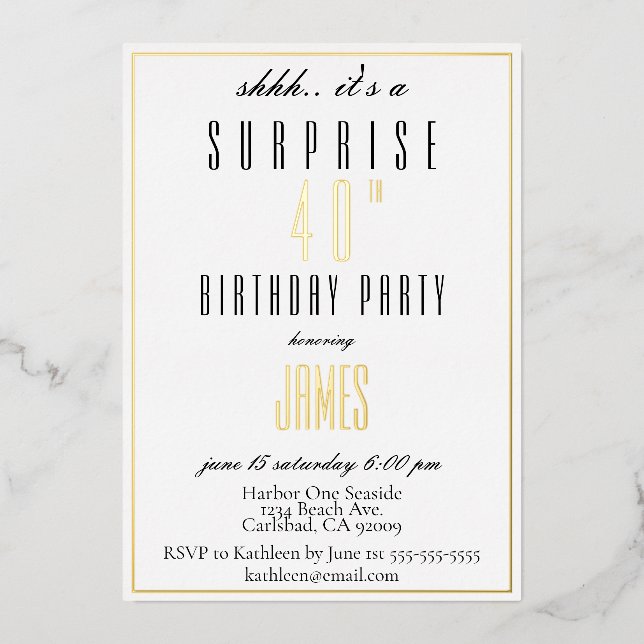 Invitación Con Relieve Metalizado Simple elegante moderno negro y blanco oro plata (Anverso)