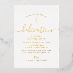 Invitación Con Relieve Metalizado simple escritura de oro cruz dedicación