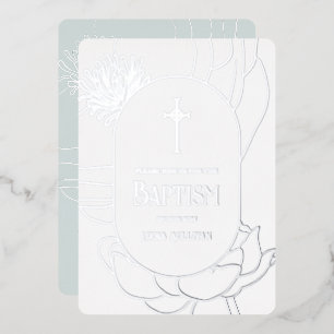 Invitación Con Relieve Metalizado Simple Floral Plateado Blanco Aquamarina Bautizo H