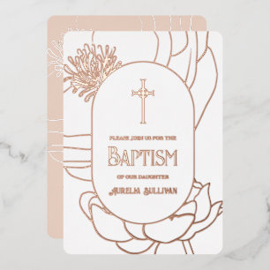 Invitación Con Relieve Metalizado Simple Floral Rosa Oro Blanco Bautizo Holografico