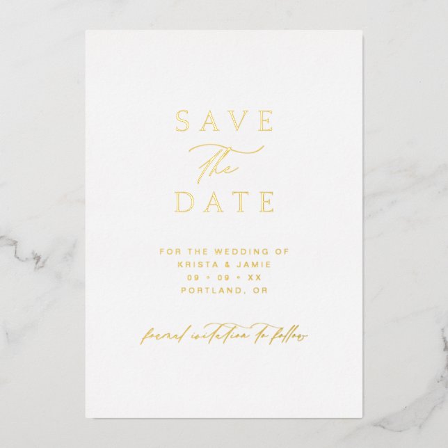Invitación Con Relieve Metalizado Simple Gold & White Photo Wedding Save the Date (Anverso)