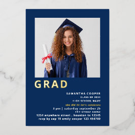 Invitación Con Relieve Metalizado Simple Grad Foto Graduación Azul Marino Dorado Rea