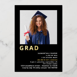 Invitación Con Relieve Metalizado Simple Grad Photo Graduación Negro Oro Real 