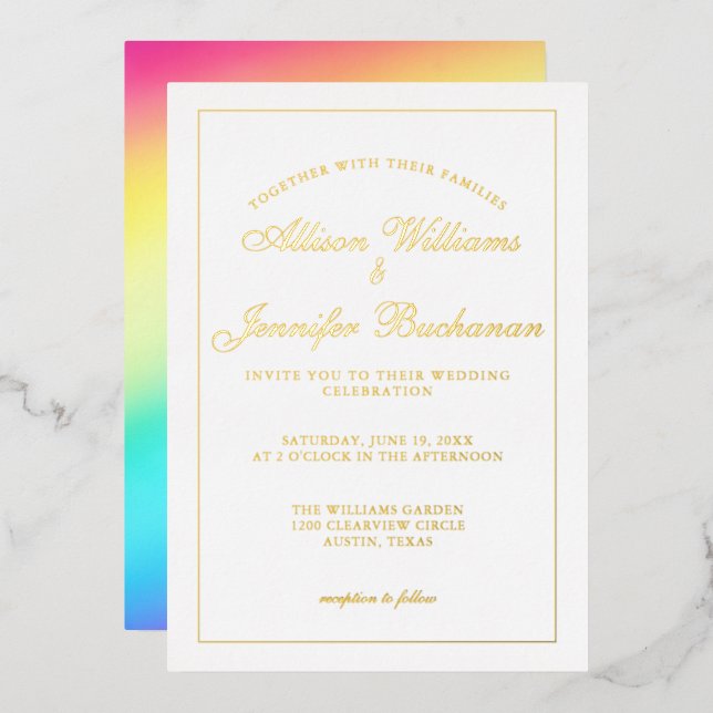 Invitación Con Relieve Metalizado Simple gradiente arcoiris Moda LGBTQ Boda Gold (Anverso/Reverso)