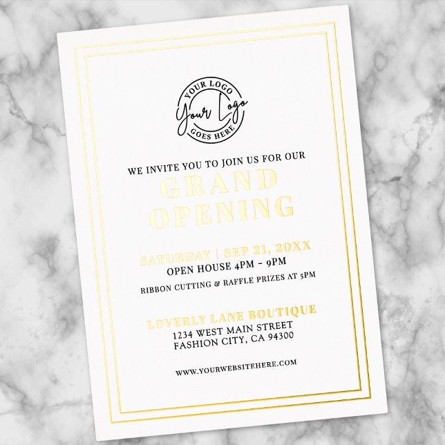 Invitación Con Relieve Metalizado Simple Logo Business Grand Opening Gold (Simple Logo Business Grand Opening Gold Foil Invitation)