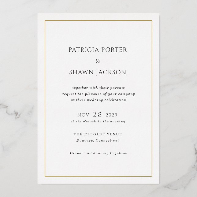 Invitación Con Relieve Metalizado Simple matrimonio elegante en blanco y negro (Anverso)