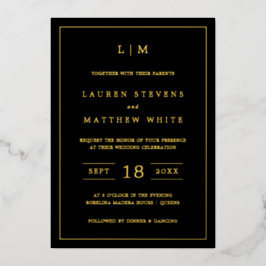 Invitación Con Relieve Metalizado Simple matrimonio elegante monograma negro