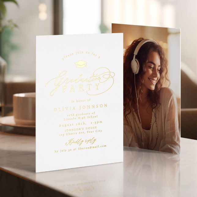 Invitación Con Relieve Metalizado Simple Modern Calligraphy Photo Graduation (Simple Modern Calligraphy Photo Graduation Foil Invitation)