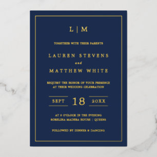 Invitación Con Relieve Metalizado Simple Monograma Azul Marino Elegante Boda