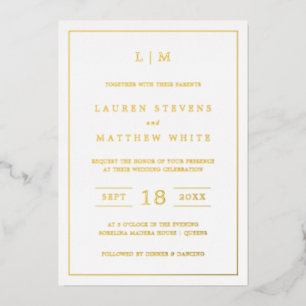 Invitación Con Relieve Metalizado Simple Monograma Boda Elegante