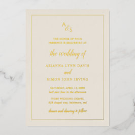 Invitación Con Relieve Metalizado Simple Monograma de Marfil Boda Formal Elegante