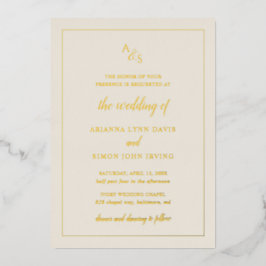 Invitación Con Relieve Metalizado Simple Monograma de Marfil Boda Formal Elegante