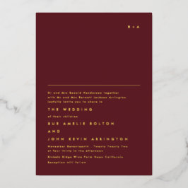 Invitación Con Relieve Metalizado Simple Monograma Elegante Dorado | Borgoña Granate