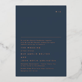 Invitación Con Relieve Metalizado Simple Monograma Elegante Rosa Oro | Azul Marino