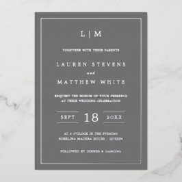 Invitación Con Relieve Metalizado Simple Monograma Gris Oscuro Elegante Boda