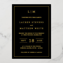Invitación Con Relieve Metalizado Simple Monograma Negro Boda Elegante