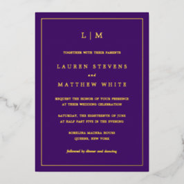 Invitación Con Relieve Metalizado Simple Monograma Purple Elegante Boda
