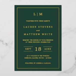 Invitación Con Relieve Metalizado Simple Monograma Verde Bosque Elegante Boda