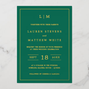 Invitación Con Relieve Metalizado Simple Monograma Verde Esmeralda Boda Elegante