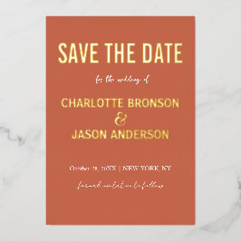 Invitación Con Relieve Metalizado Simple Naranja Quemado Moderno Ahorra La Fecha Oro